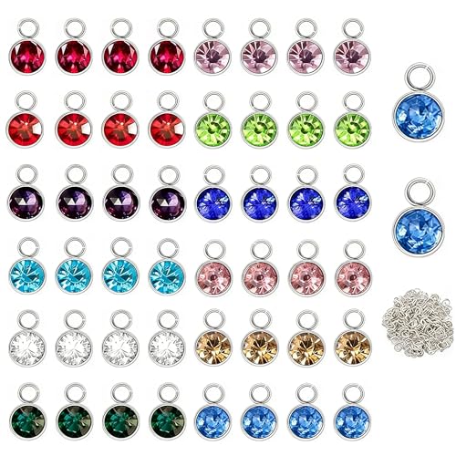 Glass Rhinestone Charms, 48 Pcs 12 Colors Silver Back Round Birthstone Beads Crystal Dangle Jewelry Making Pendants for Earrings Necklace Bracelet, 6MM