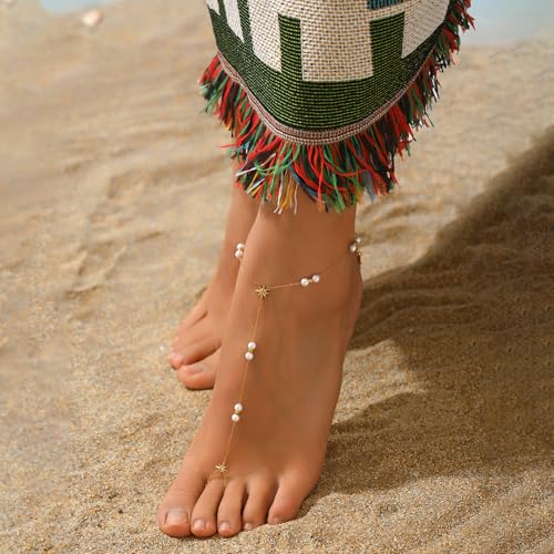 Toe Ankle Bracelets for Women Waterproof, 18K Gold Plated Pearl Anklet Dainty Layered Pearl Daisy Tassel Cubic Zirconia Star Adjustable Link Chain Anklets, Summer Beach Boho Foot Jewelry - style: Y-Pearl Star Anklet