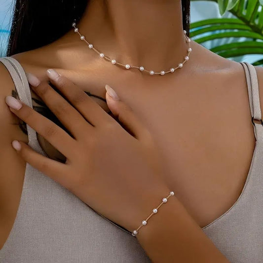Faux Pearl Choker Necklace & Bracelet Set - Dainty Beaded Jewelry for Women (1 Choker + 1 Bracelet) - color: Golden