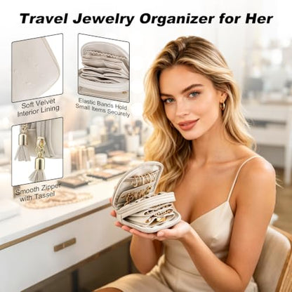 Travel Jewelry Case,2-Layer Jewelry Organizer,Gifts for Women Bride,travel jewelry box,travel jewelry pouch for Rings Earrings Necklaces Bracelets - Cream White