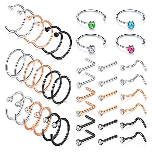 18 Nose Rings Studs Surgical Stainless Steel Hypoallergenic L Shaped Nose Piercing Jewelry for Women Men Silver Black Nostril Hoop Rings 18 Gauge - style: F3
