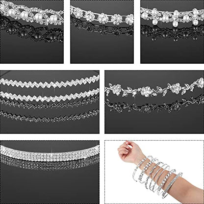 MTLEE 6 Pcs Rhinestone Headband Wedding Headbands for Bride Diamond Faux Pearl Headpiece Crystal Flower Leaves Crown Headdress Silver Rhinestones Princess Accessories for Women Bridal Birthday Party