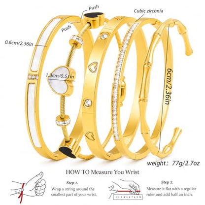 Gold Bangle Bracelets for Women, 5Pcs 18K Gold Plated Stainless Steel Stackable Bangle Bracelet Set, Waterproof Non-Tarnish Bangles with Cubic Zirconia, Gifts for Women