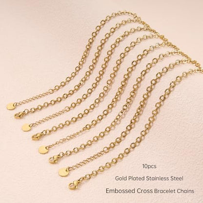 UMAOKANG 10pcs Gold Embossed Oval Chain Bracelet Bulk for Jewelry Making | PVD Gold Plated Stainless Steel Bracelet Adjustable Hand Chains DIY Jewelry Supplies - color: 10pcs Oval Gold