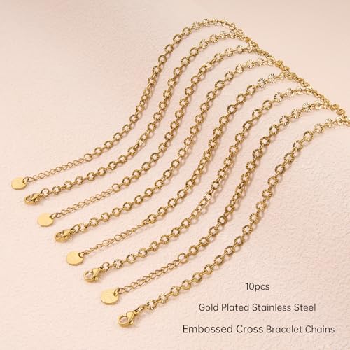 UMAOKANG 10pcs Gold Embossed Oval Chain Bracelet Bulk for Jewelry Making | PVD Gold Plated Stainless Steel Bracelet Adjustable Hand Chains DIY Jewelry Supplies - color: 10pcs Oval Gold