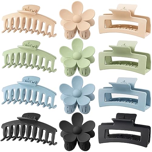 Large Hair Claw Clips 12 Pack, Flower Hair Clips for Thin Hair, Big Square Matte Strong hold for Thick Hair, 3 Styles Hair Clips for Women Thick Hair 4 Colors - color: Black, Coffee, Green, Blue