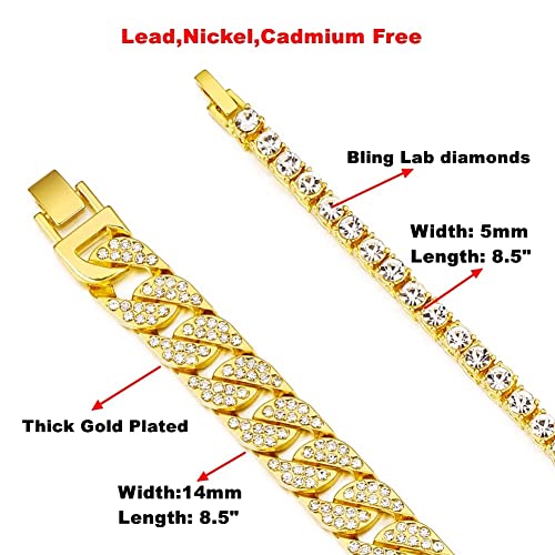 HH BLING EMPIRE 14K Gold and Silver Bracelets Diamond Tennis and Cuban Link Bracelet for Men Women Hip Hop Jewelry - color: Set B-Gold, size: 7.5"