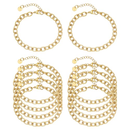 10 PCS Bracelets for Women Stainless Steel Chain Link Bracelet Set | 6.7 Inches with Extender, Jewelry Gifts for DIY, Chains Bulk, Oval, Curb, Figaro Chains, 18K Gold Plated, Silver, Chunky - color: Rolo Gold