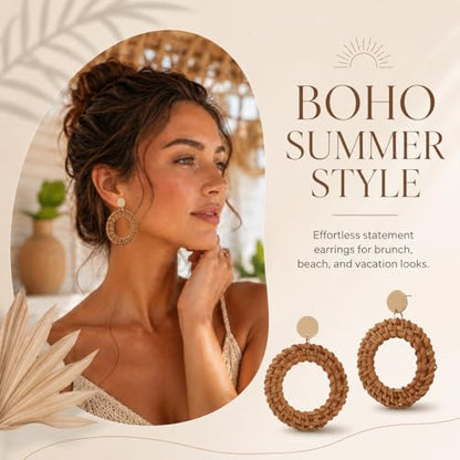 Handmade Raffia Rattan Bohemian Dangle Earrings for Women, Woven Rattan Round Drop Dangle Earrings Beach Jewelry - color: Round A