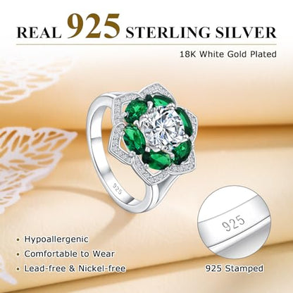 Flower Cocktail Ring for Women Stone Engagement Anniversary Rings | Sterling Silve|Hypoallergenic|Ruby|Sapphire|Emerald|Wedding and Birthday Party Women Statement Ring|Mother and Grandma Gift - color: Emerald (May)