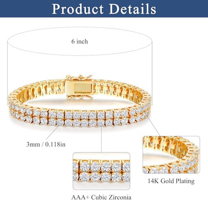2 Rows Tennis Bracelets for Women Men - 18K Yellow Gold Plated 3mm Round Cut Cubic Zirconia Classic Tennis Bracelet, Size 6.5-8.5 Inch - color: Gold - 2 Rows, size: 7.5 inch