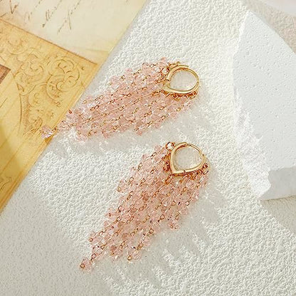 Fringe Hoop Dangle Earrings, Long Beads Tassel Chain Earrings for Women Sparkly Chandelier Earrings - color: Lt Pink