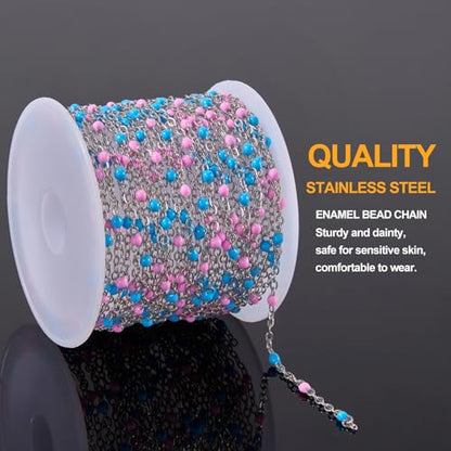 5M Pink and Blue Beaded Jewelry Chains for Crafts DIY with Clasps Supplies | Silver Cable Chain Spool on Bulk Stainless Steel Jewelry Making Chains for Handcraft Make - color: silver-blue pink