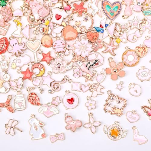 MARFOREVER 120 Pcs Pink Charms for Jewelry Making | Assorted Gold Enamel Pink Pendants, Mixed Theme Flowers Heart Fruit Moon Star Dangle Charms, Bracelet Necklace Earrings Craft