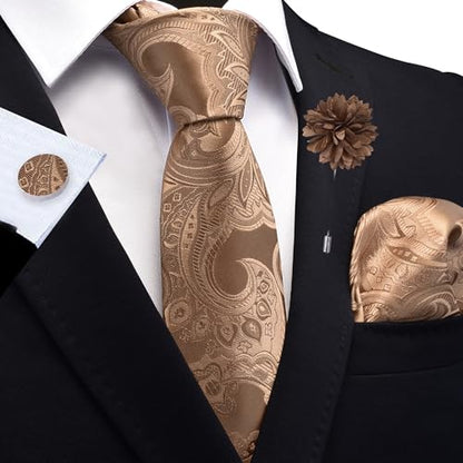 GUSLESON Paisley Tie Set for Men 3.15" Necktie Lapel Pin Hankerchief Cufflinks Set for Men - color: Khaki