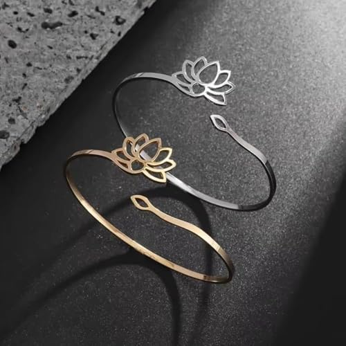 Stainless Steel Mandala Lotus Open Bracelet Women's Fashion Cuff Bracelet Casual Sports Yoga Jewelry - color: golden