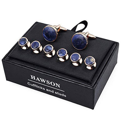 HAWSON Cufflinks and Tuxedo Studs Set for Men with Gift Box, Mother-of-Pearl Cuff links for French Cuff Shirt and Dress Shirt, Suitable for Wedding, Birthday, Party - style: Rose Gold & Sodalite Stone