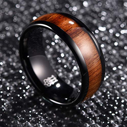 THREE KEYS JEWELRY Tungsten Wedding Band Koa wood Inlay Black Domed | 4mm, 6mm, 8mm, Everyday Wear, Black, Domed, Koa wood inlay - color: Black 8mm