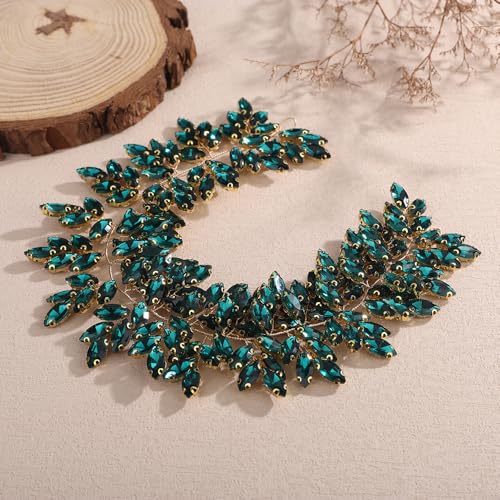 Missgrace Women Silver Green Black Red Blue Handmade Full Crystal Rhinestone Large Headband Hair Vine Shinny Headpiece Bridal Wedding Hair Accessories for Women (Peacock green) - color: Peacock green