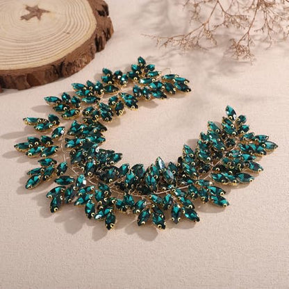 Missgrace Women Silver Green Black Red Blue Handmade Full Crystal Rhinestone Large Headband Hair Vine Shinny Headpiece Bridal Wedding Hair Accessories for Women (Peacock green) - color: Peacock green