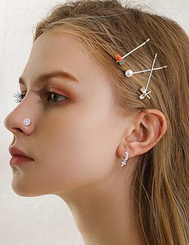 Akeoqi 18Pcs Nose Rings Hoops L Shape Nose Studs Screw Bone CZ Butterfly Flower Cross Leaf Star Crown Heart Nose Nostril Piercings Jewelry Set For Women Men Gold Silver Tone 20G - color: B1:Silver-18PCS