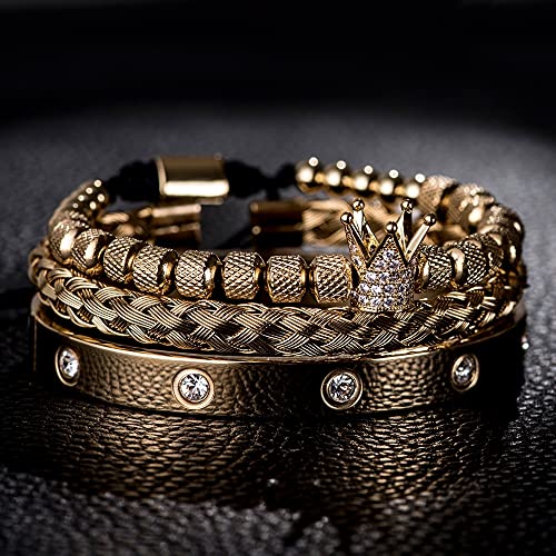 3pcs/set Classical Handmade Braiding Bracelet Hip Hop Men Pave CZ Leopard Head Roman Numeral Bracelet Stainless Steel Jewelry - color: 3pcs K Gold