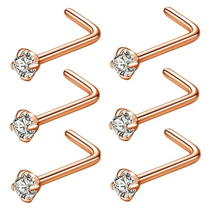 316L Surgical Steel 22g/20g/18g Nose Rings Studs L-Shape Nose Nostrial Piercing Body Jewerly L Shaped Nose Studs 1.5mm 2mm 2.5mm 3mm CZ Nose Screw Studs Rings for Women - style: 6pcs/L-shape/18g/2.0mm Clear CZ/Rose Gold