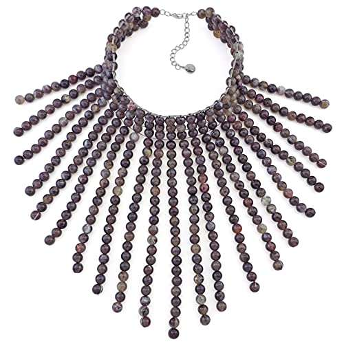 Coiris Boho African Wooden or Acrylic Beaded Bib Statement Necklace Strands Layered Cluster Chunky Collar Choker Wood Necklace for Women Fashion Costume Jewelry - color: Dark Purple Grey