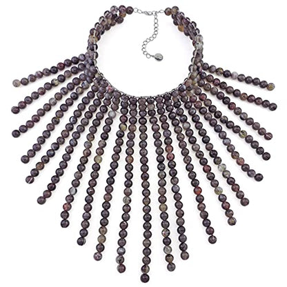 Coiris Boho African Wooden or Acrylic Beaded Bib Statement Necklace Strands Layered Cluster Chunky Collar Choker Wood Necklace for Women Fashion Costume Jewelry - color: Dark Purple Grey