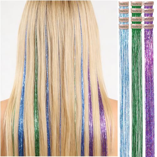 CELINABELLA Clip In Hair Tinsel 12 Pack 3 Colors Emerald Aqua Midnight Orchid 23 Inch 70 Strands Heat Resistant 320°F Invisible Light Brown Clips For Women Teens Party Festival Daily Hairstyles - color: Blue-Green-Purple