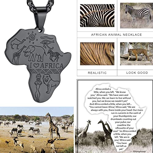 GOLDCHIC JEWELRY Africa Map Necklace for Men, Stainless Steel African Tribal/Egyptian Eye of Horus/I LOVE AFRICA/Elephant Map Hiphop Jewelry Unisex with 22'+2'Adjustable Chain - color: Animals - Black, style: No Customization