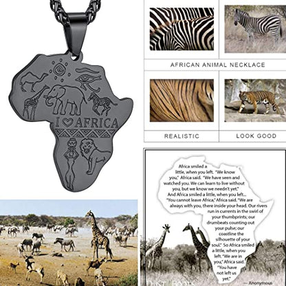 GOLDCHIC JEWELRY Africa Map Necklace for Men, Stainless Steel African Tribal/Egyptian Eye of Horus/I LOVE AFRICA/Elephant Map Hiphop Jewelry Unisex with 22'+2'Adjustable Chain - color: Animals - Black, style: No Customization