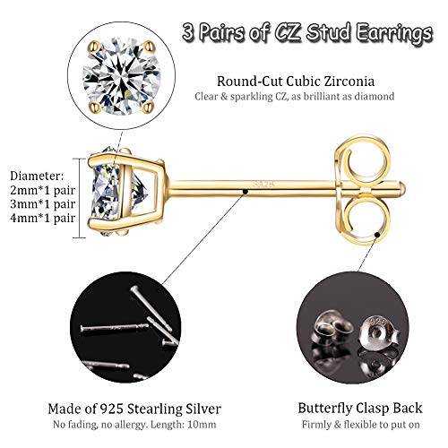 EPIRORA Sterling Silver Stud Earrings for Women- 3 Pairs Tiny Ball Stud Earrings Round CZ Cubic Zirconia Earrings Pearl Earrings Set Cartilage Small Tragus Earrings(2mm,3mm,4mm) - style: CZ earrings(2mm,3mm,4mm)-Gold