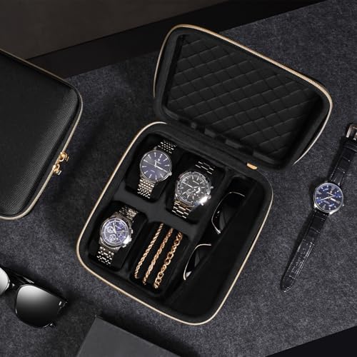 ProCase 4-Slot Travel Watch Case for Men, Hard Shell Storage Box -Black | Travel Watch Box for Watch Bracelet Sunglasses Accessories, Zippered Organizer Bag Fathers Day Gift for Dad - size: 4 Slots