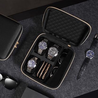 ProCase 4-Slot Travel Watch Case for Men, Hard Shell Storage Box -Black | Travel Watch Box for Watch Bracelet Sunglasses Accessories, Zippered Organizer Bag Fathers Day Gift for Dad - size: 4 Slots