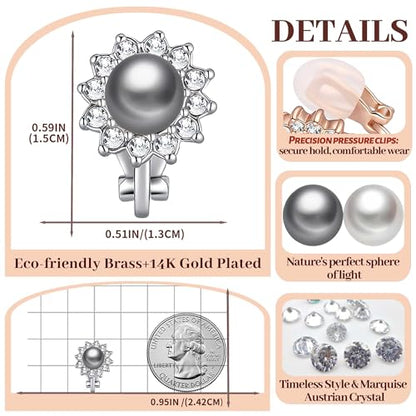 Pearl Clip On Earrings for Women, Austrian Crystal Halo | 14K Gold-Plated Finish, Comfortable Clip-On Fit, Non-Pierced Earrings, Soft Silicone Pads Included, Gift Box Included - color: Black Pearl /Silver-Tone
