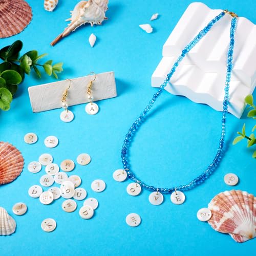 Craftdady 104pcs Flat Round Shell Letter Alphabet Pendants Freshwater Shell with A-Z Initial Capital Letter Circle Charms 11.5mm for DIY Name Bracelets Necklaces Earrings Making - color: Golden Letter