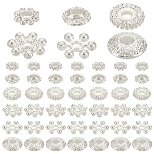 PH PandaHall 300PCS 6 Styles Metal Spacer Bead, Silver Alloy Daisy Beads Bicone Flower Beads Flat Rondelle Snowflake Loose Beads Charms for Bracelet Necklace Earring Jewelry Making Supplies - color: Silver