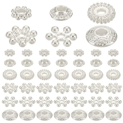 PH PandaHall 300PCS 6 Styles Metal Spacer Bead, Silver Alloy Daisy Beads Bicone Flower Beads Flat Rondelle Snowflake Loose Beads Charms for Bracelet Necklace Earring Jewelry Making Supplies - color: Silver
