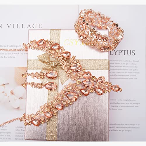 CSY Elegant Crystal Costume Jewelry Sets Flower Bridal Necklace Earrings Stretch Bangle Set for Bride Bridesmaid Wedding Dress Accessories - color: peach crystal-rose gold tone