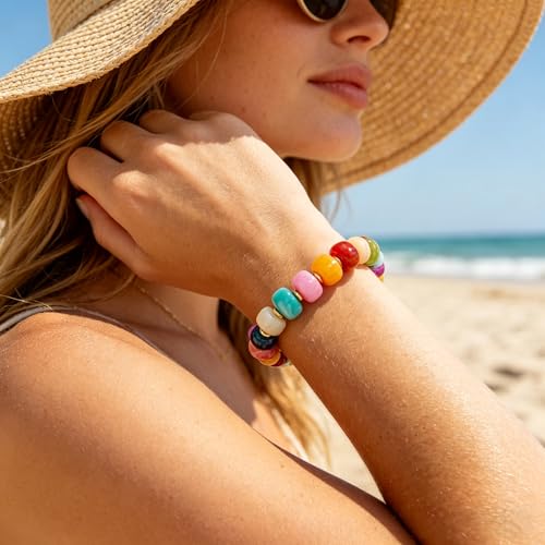 Bead Bracelet for Women Vibrant Color Resin Beads Bracelets Elastic Stretch Chunky Bracelet Boho Summer Beach Vacation Jewelry - color: Color 1