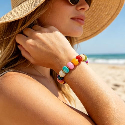 Bead Bracelet for Women Vibrant Color Resin Beads Bracelets Elastic Stretch Chunky Bracelet Boho Summer Beach Vacation Jewelry - color: Color 1