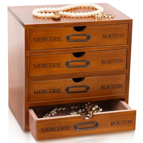 Wesiti Wooden Desk Organizer with 4 Drawers, Vintage Rustic Storage Cabinet for Home Office, Craft Room, Jewelry, Sewing Supplies - Apothecary Wood Desktop Drawer Box, Pre-assembled, Brown - color: Brown, size: 4 Drawers