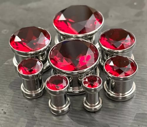PAIR of Stunning Large CZ Red Gem Screw Fit Tunnels - Plugs - Gauges - Body Jewelry - size: 5/8" (16mm)