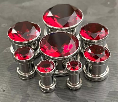 PAIR of Stunning Large CZ Red Gem Screw Fit Tunnels - Plugs - Gauges - Body Jewelry - size: 4g (5mm)