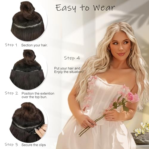 Beige Blonde Halo Hair Extensions with Light Blonde Highlights | 20 Inch Wavy Synthetic Fiber with Invisible Wire and 4 Secure Clips for Easy Daily Styling and Party Wear - color: Blonde Highlights