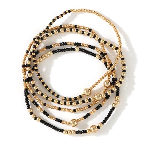 Gold Small Ball Seed Bead Stackable Bracelets Set For Women, Stretch Accessories Handmade Dainty, Daily Party Friendship Gift - color: Black