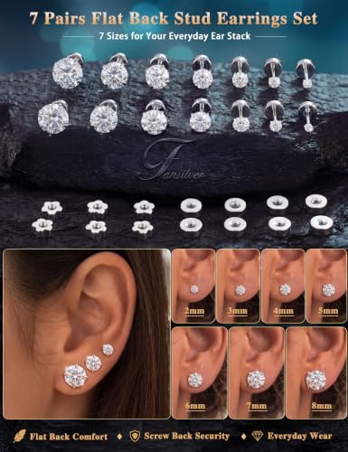 Fansilver 20G Hypoallergenic Flat Back Earrings for Women Men Silver 14K Gold Stainless Steel Stud Earrings Birthstone Cubic Zirconia Studs Surgical Steel Cartilage Earrings for Sensitive Ears - color: Silver