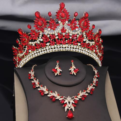 Crowns and Tiaras Jewelry Set for Women.Wedding (Gold Green) | Wedding Crown, Necklace Earrings, Princess Queen Birthday Party, Pageant Bridal, Costume Accessories - color: Gold Red