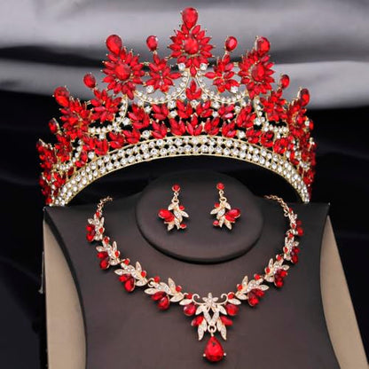 Crowns and Tiaras Jewelry Set for Women.Wedding (Gold Green) | Wedding Crown, Necklace Earrings, Princess Queen Birthday Party, Pageant Bridal, Costume Accessories - color: Gold Red